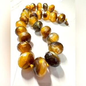 Necklace Hand knotted Faux Acrylic Tigers Eye Facets Choker Chunky Beads 4099